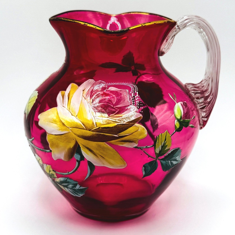 Vintage Handblown Cranberry Glass Pitcher Hand Painted Roses Clear Handle Floral